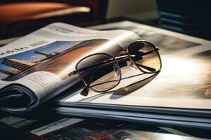 Zeitschriften auf Tabelle mit Brille. foto