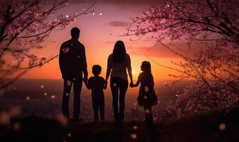 glücklich Familie, Vater, Mutter, Sohn und Tochter im Natur, Sonnenuntergang. Familie Silhouette beim Sonnenuntergang Stehen auf oben von hügel. generativ ai foto