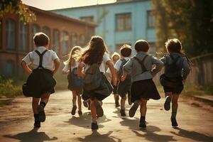 Gruppe von elementar Schule Kinder Laufen beim Schule, zurück Sicht. zurück zu Schule Konzept. generativ ai foto