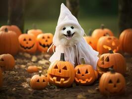 Hund tragen ein Geist Kostüm Sitzung zwischen Kürbisse zum Halloween im Herbst Hintergrund. generativ ai foto