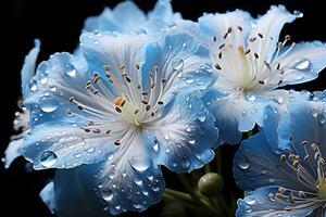 schließen oben von Blau Blumen mit Tropfen von Wasser auf dunkel Hintergrund. schön Makro Foto. bunt Blumen. generativ ai foto