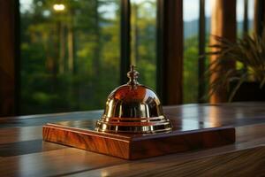 Hotel Ring Glocke auf Zähler Schreibtisch beim Vorderseite Rezeption. foto