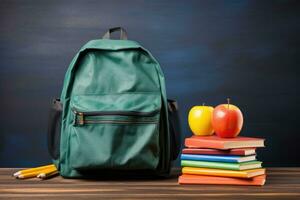 Schule Tasche und Lehrbücher im Vorderseite von ein Tafel auf ein Schule Schreibtisch. zurück zu Schule Konzept. foto