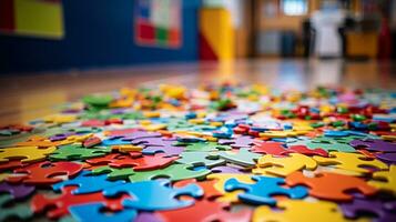 bunt Rätsel auf ein Boden, Autismus Tag generativ ai foto