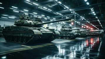 Militär- Panzer im Hangars, liefern von schwer Attacke Waffen generativ ai foto