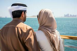 zurück Aussicht von arabisch Paar genießen ein Ausflug durch das Meer auf ein Yacht generativ ai foto