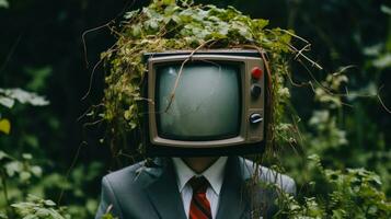 Mann mit Fernseher auf seine Kopf generativ ai foto