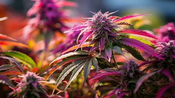 bunt Cannabis Knospen unter lila LED Licht generativ ai foto