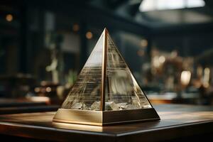dreieckig Prisma auf ein Tisch. Prisma im das gestalten von ein Pyramide. foto