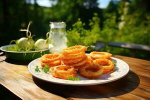 ein Teller von knusprig Zwiebel Ringe. generativ ai foto