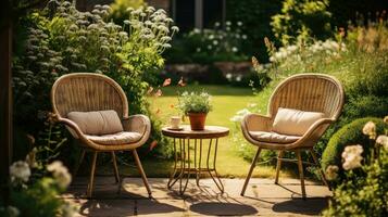 Korbweide Stühle und ein Metall Tabelle im ein draussen Sommer- Garten. foto