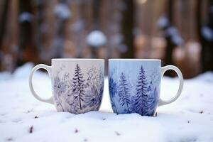 dekoriert Weihnachten Kaffee Becher mit Winter Wald Landschaft und Schnee. foto