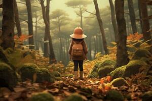 mysteriös Fee Geschichte. das Kind geht entlang das Pfad tief in das dicht Wald. foto