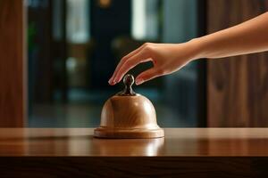 Hotel Ring Glocke auf Zähler Schreibtisch beim Vorderseite Rezeption. foto