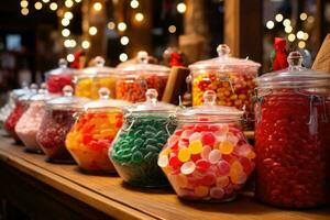 europäisch Weihnachten Märkte, Kauf Süßigkeiten von Markt foto