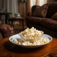 Popcorn im ein Schüssel auf das Tisch. generativ ai foto