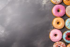 bunt glasiert Donut Hintergrund. oben Aussicht mit Kopieren Raum. generativ ai foto