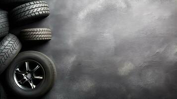 Auto Reifen auf schwarz Hintergrund. oben Aussicht mit Kopieren Raum. generativ ai foto