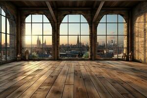 Innere von modern Dachgeschoss mit hölzern Fußboden und Panorama- Stadt Sicht. generativ ai foto