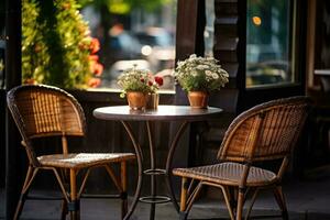 Korbweide Stühle und ein Metall Tabelle im ein draussen Sommer- Cafe foto