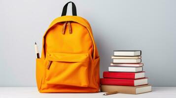 Schule Tasche und Lehrbücher im Vorderseite von ein Weiß Hintergrund. zurück zu Schule Konzept. foto