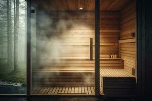 Vorderseite Aussicht von leeren finnisch Sauna Zimmer. modern Innere von hölzern Spa Kabine mit trocken Dampf. foto
