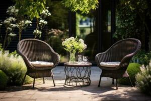 Korbweide Stühle und ein Metall Tabelle im ein draussen Sommer- Garten. foto