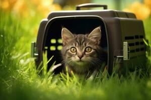 Katze Sitzung im Träger auf Gras. foto