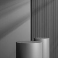 elegant schwarz Zylinder Stand zum Produkt Platzierung Attrappe, Lehrmodell, Simulation. Darkmetal Podium Ausstellung Szene Hintergrund. minimal Plattform Ausstellungsraum mit Schatten. foto