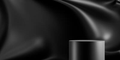 elegant schwarz runden Stand zum Produkt Platzierung Attrappe, Lehrmodell, Simulation. dunkel Podium Ausstellung Szene Hintergrund. minimal Zylinder Plattform Ausstellungsraum mit Stelle Licht. foto