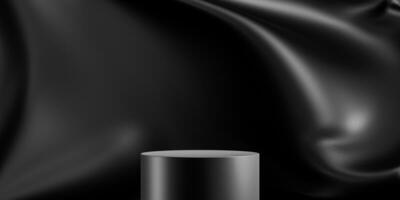 elegant schwarz runden Stand zum Produkt Platzierung Attrappe, Lehrmodell, Simulation. dunkel Podium Ausstellung Szene Hintergrund. minimal Zylinder Plattform Ausstellungsraum mit Stelle Licht. foto
