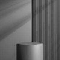 elegant schwarz Zylinder Stand zum Produkt Platzierung Attrappe, Lehrmodell, Simulation. Darkmetal Podium Ausstellung Szene Hintergrund. minimal Plattform Ausstellungsraum mit Schatten. foto