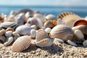 Muscheln verstreut auf sandig Strand foto