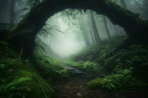 Geheimnis Wald Bogen Nebel. generieren ai foto