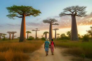 Baobab Paar Reise Sonnenuntergang. generieren ai foto