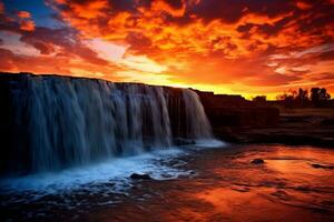 majestätisch Wasserfall beleuchtet durch das warm Töne von ein herrlich Sonnenuntergang foto