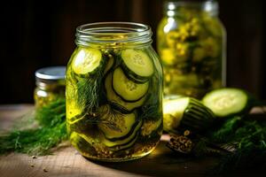 hausgemacht fermentiert eingelegt Gurken im ein Krug. foto