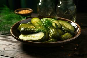 hausgemacht fermentiert eingelegt Gurken im ein Platte. foto