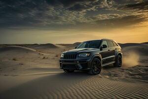 Luxus Auto auf Sand Dünen. generativ ai foto