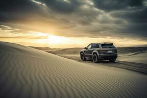 Luxus Auto auf Sand Dünen. generativ ai foto