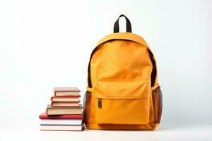 Schule Tasche und Lehrbücher im Vorderseite von ein Weiß Hintergrund. zurück zu Schule Konzept. foto