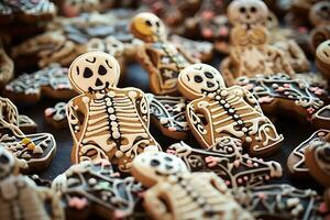 hausgemacht grotesk Schädel und Skelett Zucker Plätzchen während ein Mexikaner Volk Feier von das Tag von das tot. foto