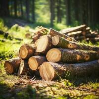 Nahansicht fiel und gesägt Baum Stämme gestapelt auf das Stadtrand von das Wald. foto