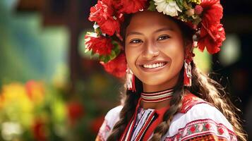 schön jung peruanisch Frau im festlich National Kleidung, lächelnd. ai generiert. foto