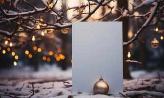 leer Karte mit Weihnachten Dekoration im das Schnee . ai generiert foto