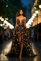 Modelle Strebe Nieder das Runway im glamourös Couture Kreationen unter blendend Beleuchtung während das September Mode Woche foto