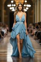 Modelle Strebe Nieder das Runway tragen modern Couture Designs fesselnd das Publikum mit ihr Eleganz und Stil foto