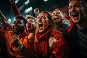 ein Gruppe von begeistert Fußball Fans versammeln unter Stadion Beleuchtung bereit zu jubeln auf ihr Liebling Mannschaft zum das Öffnung Spiel von das Jahreszeit foto
