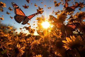 ein faszinierend Meer von Orange und schwarz wie Tausende von Monarch Schmetterlinge Wandern über ein sonnendurchflutet Wiese foto