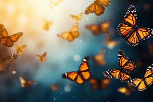ein faszinierend Nahansicht Schuss von ein Cluster von Monarch Schmetterlinge Hintergrund mit leeren Raum zum Text foto